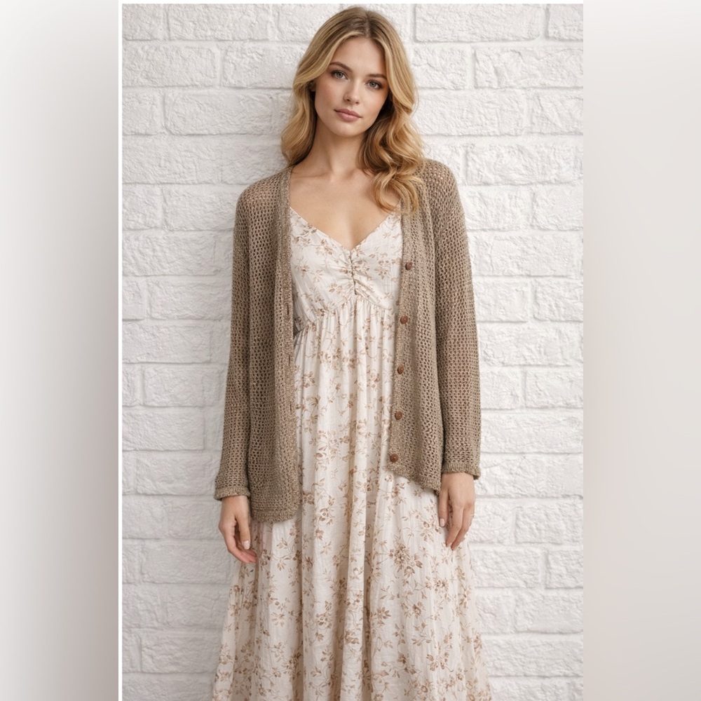 CHRISTOPHER & BANKS Open Knit Crochet Cardigan Sweater Taupe Womens Size Large
